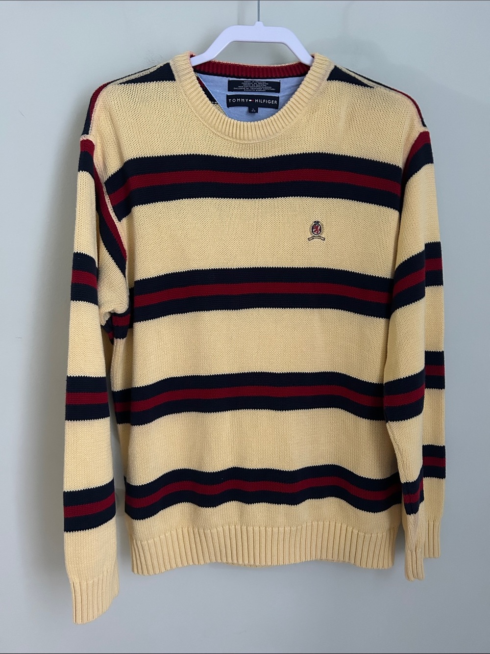 Tommy Hilfiger Yellow Crewneck Sweater with Navy and Red Stripes